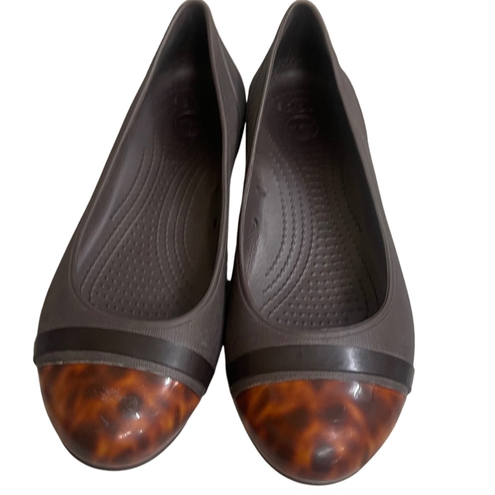 Crocs Cap Toe Flat Espresso Brown Tortoise Shell Ballet Flats Womens Size 10